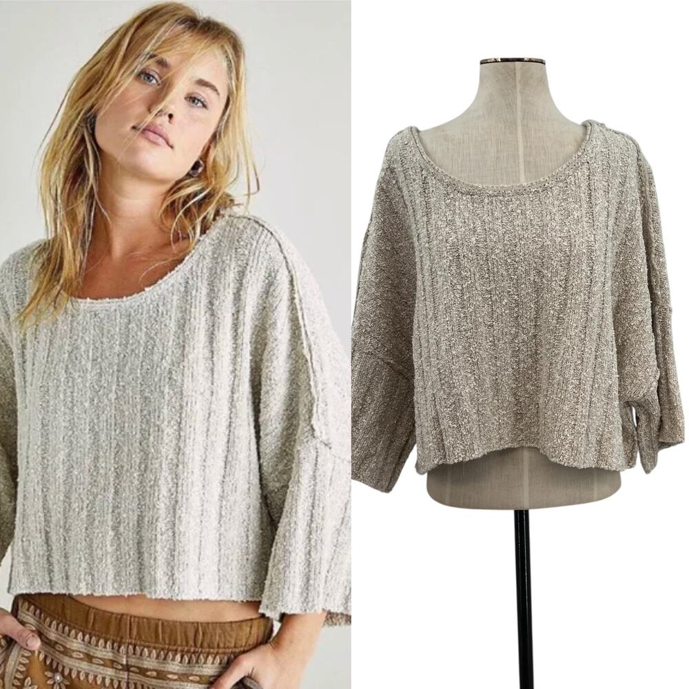 Free People Good Day Pullover Sweater Boxy Cropped Neutral Cream Size‎ XS